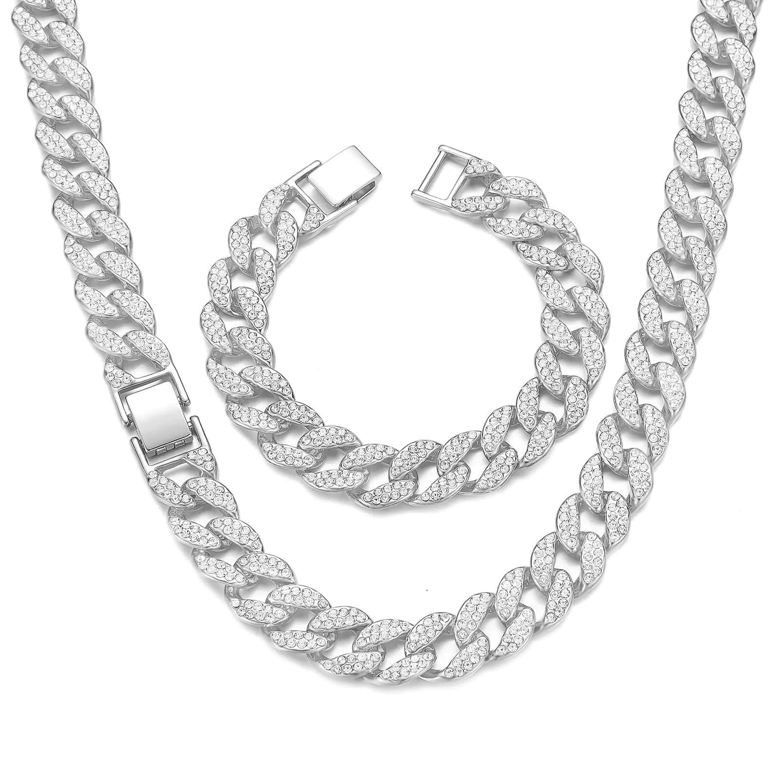 Cuban Link Chain Men Necklace Bracelet Jewelry Set Silver cubic zirconia Iced Out Bling Thick Necklaces Chains (Silver-14mm 20inch)