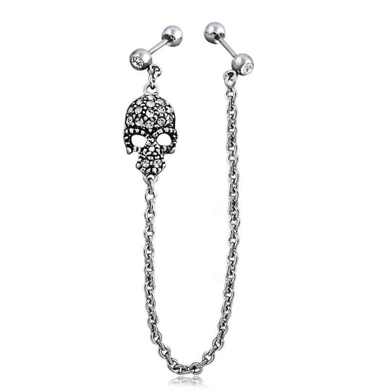 Fashion Titanium Steel Skull Crystal Earrings and Chains