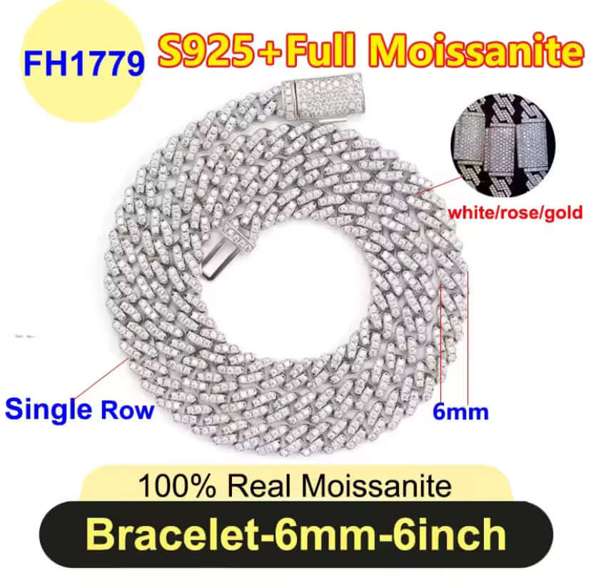 6mm Solid 925 Sterling Silver Miami Cuban Chain Bracelet For Women Men Iced Out Moissanite