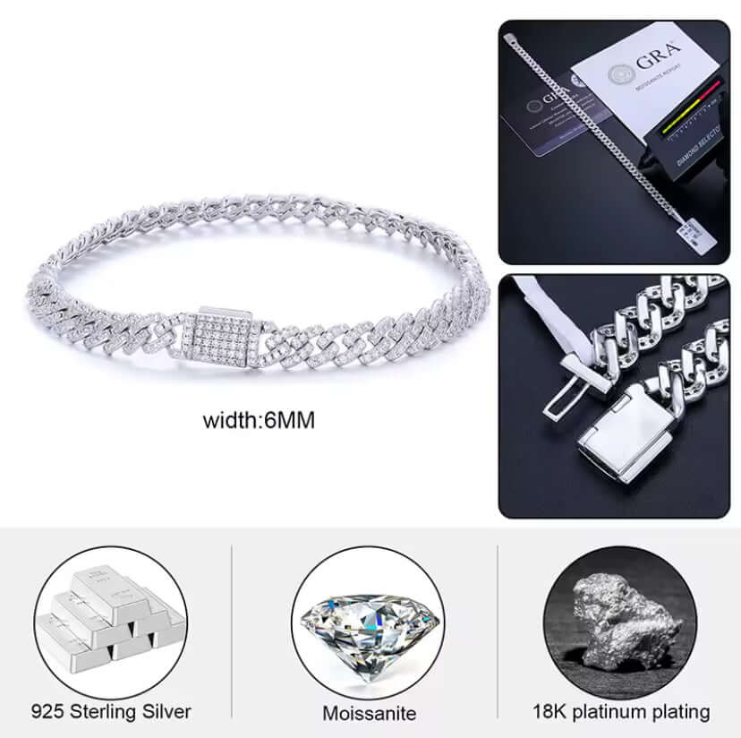 6mm Solid 925 Sterling Silver Miami Cuban Chain Bracelet For Women Men Iced Out Moissanite
