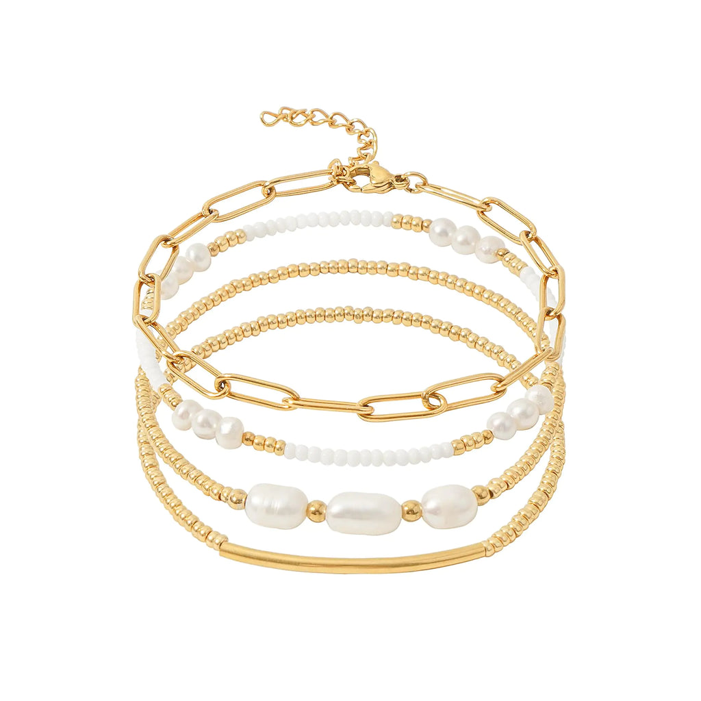 DiSiTino Dainty Gold Pearl Beaded Bracelets for Women Gold Plated Bead Pearl Beads Bracelets Set Stackable Paperclip Link Stretch Bracelets Gold Bracelets for Women (Style B 14K Gold Plated Color)