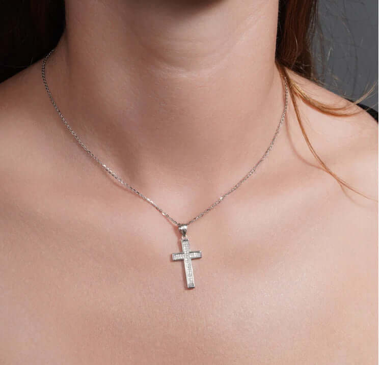 Rhodium Plated 925 Sterling Silver Moissanite Cross Pendant