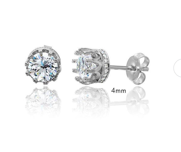 Rhodium Plated 925 Sterling Silver Round Crown Basket Clear CZ Stud Earrings - AAE00011