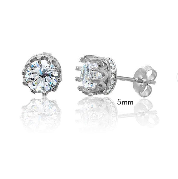 Rhodium Plated 925 Sterling Silver Round Crown Basket Clear CZ Stud Earrings - AAE00011