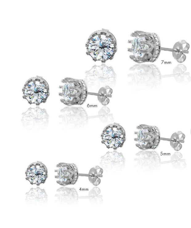 Rhodium Plated 925 Sterling Silver Round Crown Basket Clear CZ Stud Earrings - AAE00011