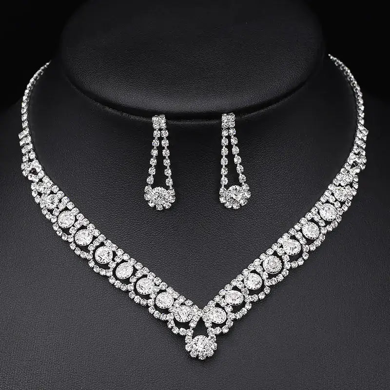 Silver Rhinestone Bridal Jewelry Set: Necklace, Earrings, Bracelet