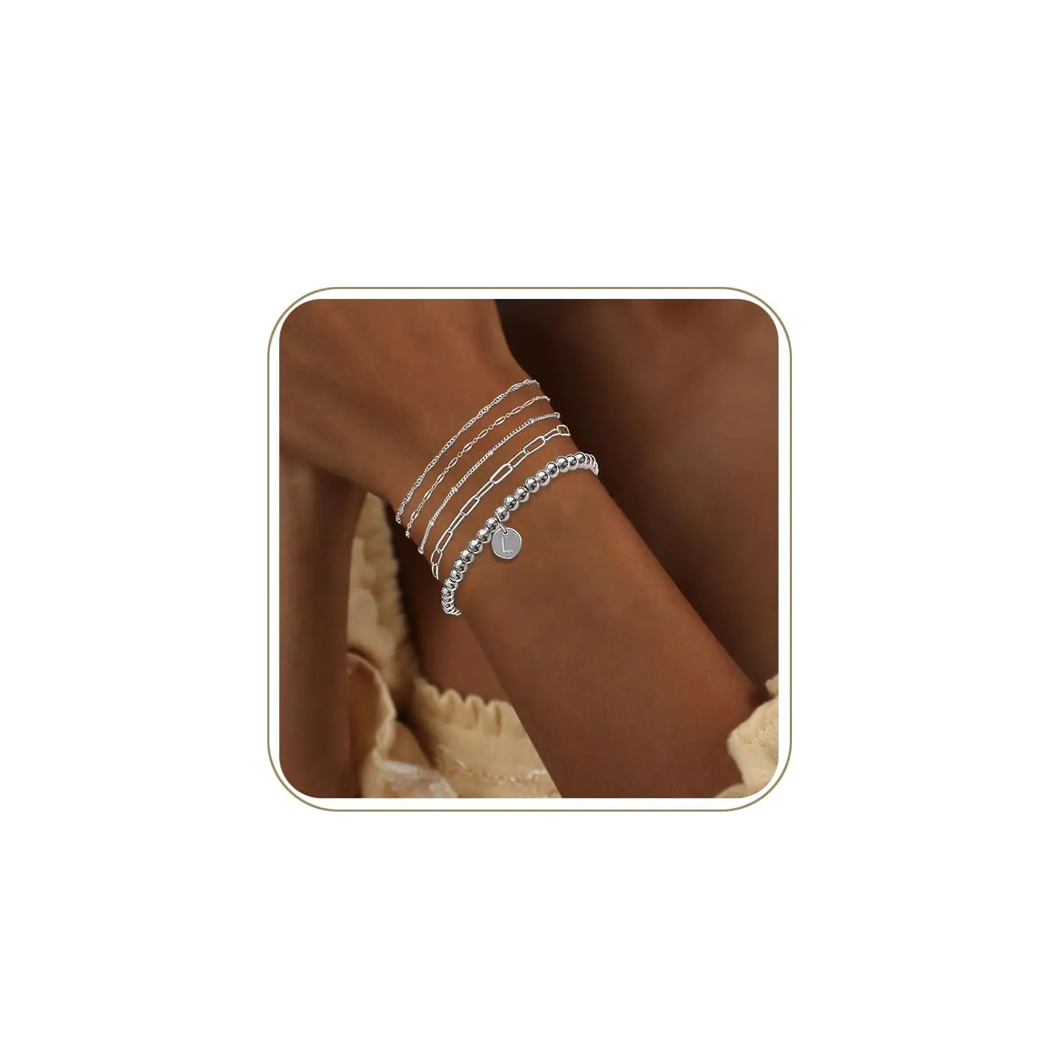 Silver Bracelets for WomenSilver Plated Trendy Paperclip Bead Chain Bracelets Set for Women Letter Charm Dainty Silver Stackable Bracelets(L)