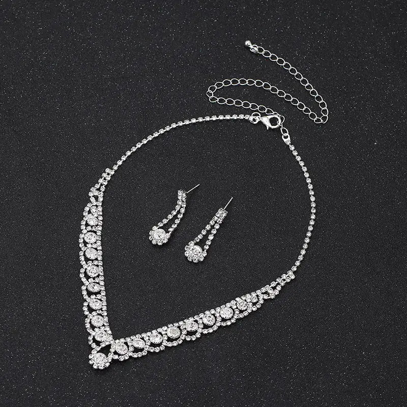 Silver Rhinestone Bridal Jewelry Set: Necklace, Earrings, Bracelet