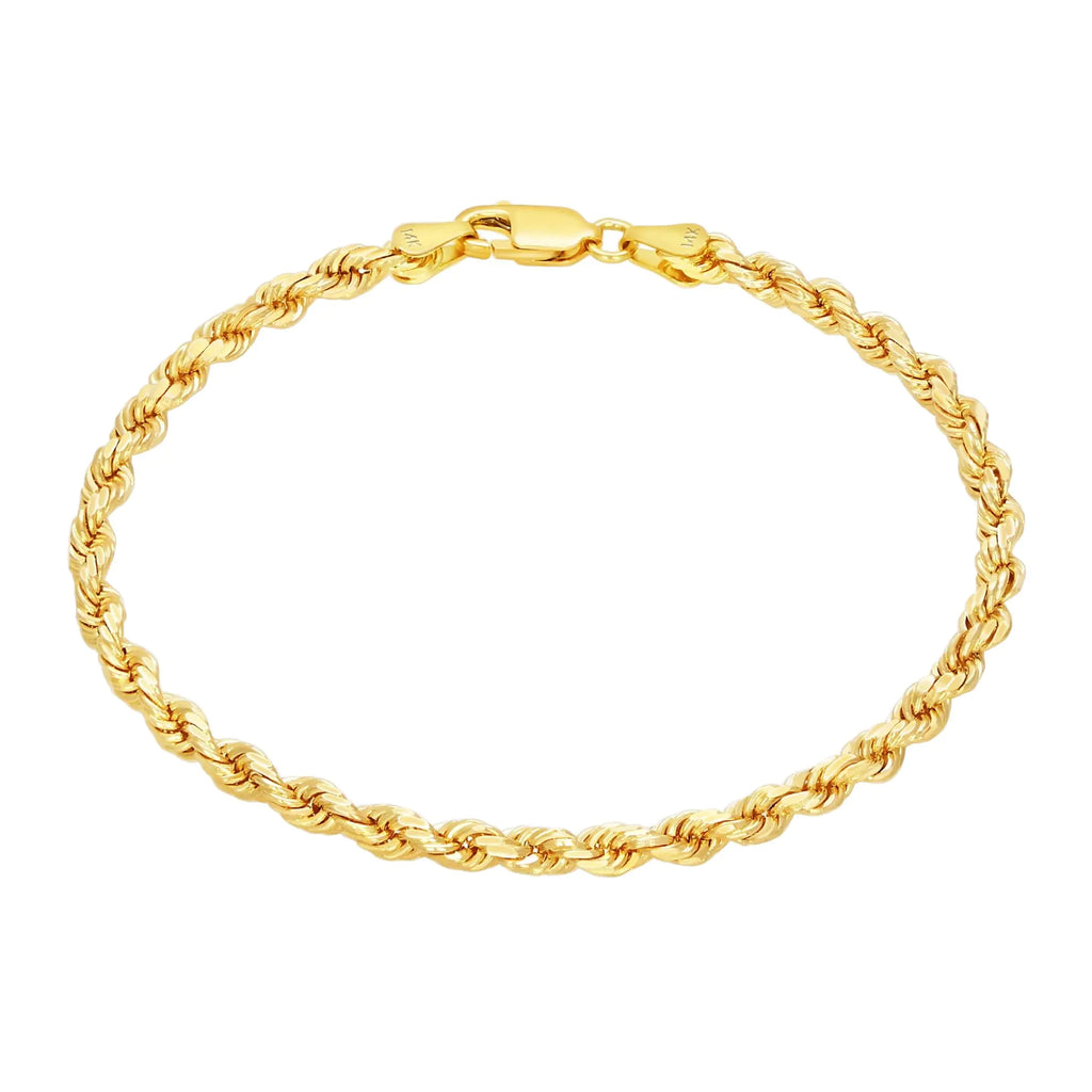 Nuragold 14k Yellow Gold 3mm Rope Chain Diamond Cut Bracelet or Anklet Mens Womens Jewelry 7" 7.5" 8" 8.5" 9"