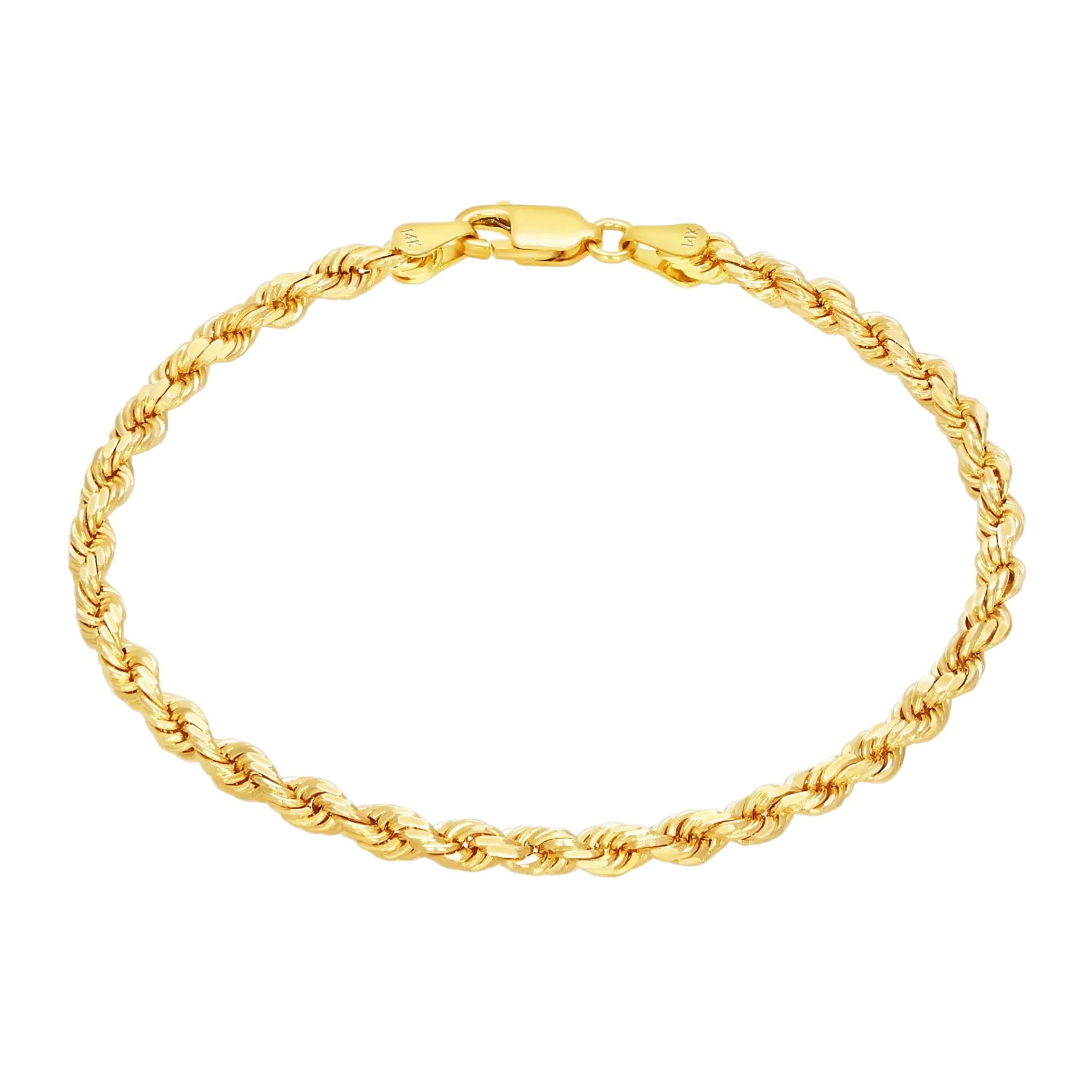 Nuragold 14k Yellow Gold 3mm Rope Chain Diamond Cut Bracelet or Anklet Mens Womens Jewelry 7" 7.5" 8" 8.5" 9"