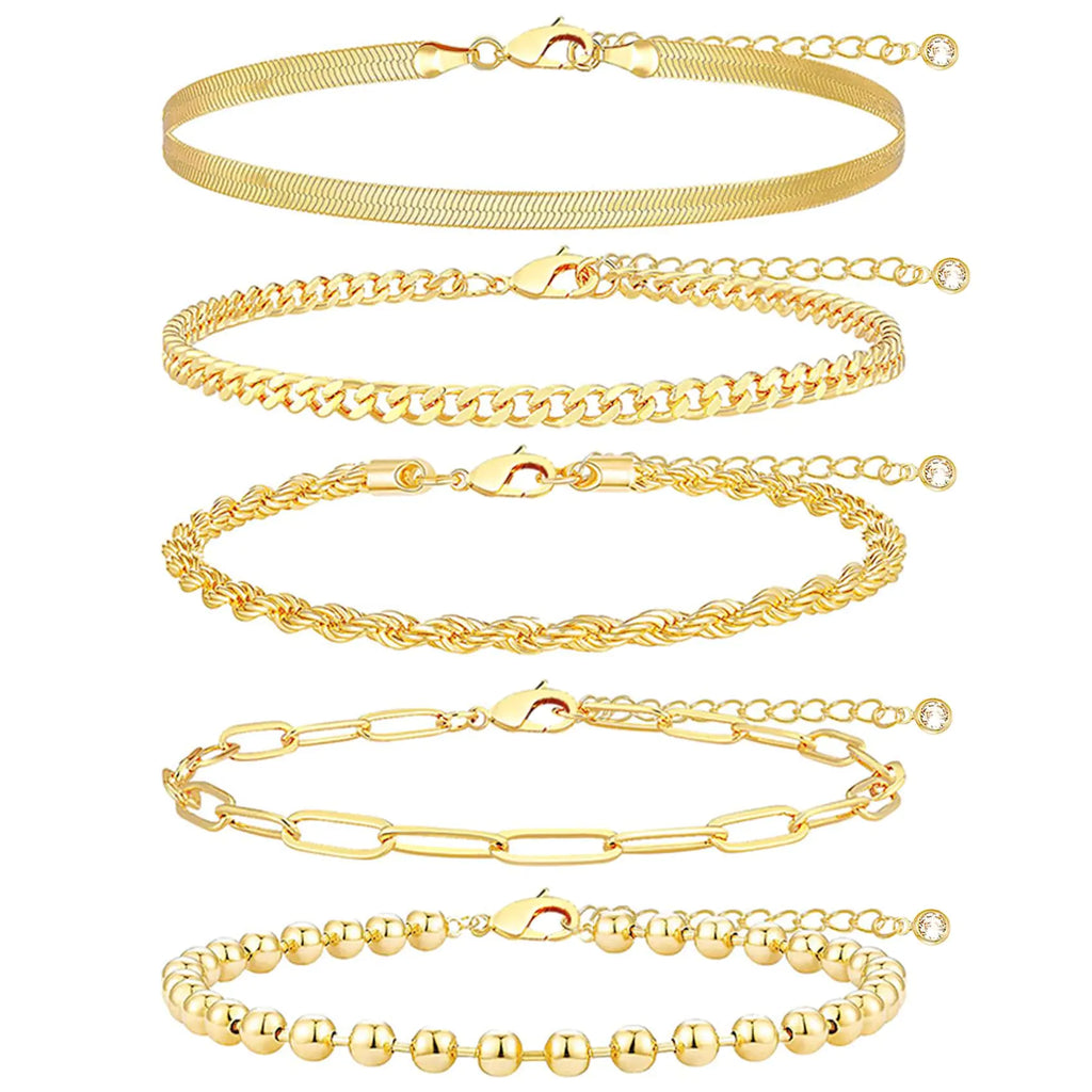 Gold Bracelets for Women 14K Gold Plated Bracelets for Women Trendy Stackable Dainty Gold Bracelet Stack Set Adjustable Paperclip Cuban Rope Chain Link Jewelry Gifts