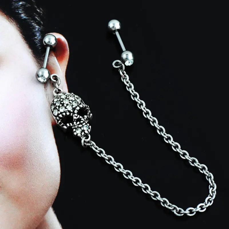 Fashion Titanium Steel Skull Crystal Earrings and Chains